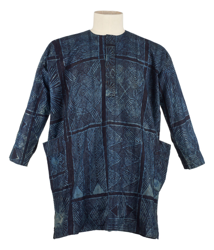 A dark blue man's cotton shirt with geometric patterns