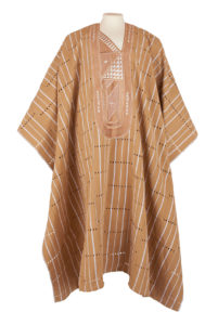 a beige and white striped mans gown