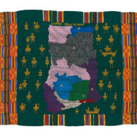 a colourful woven cloth which features a map of Ghana