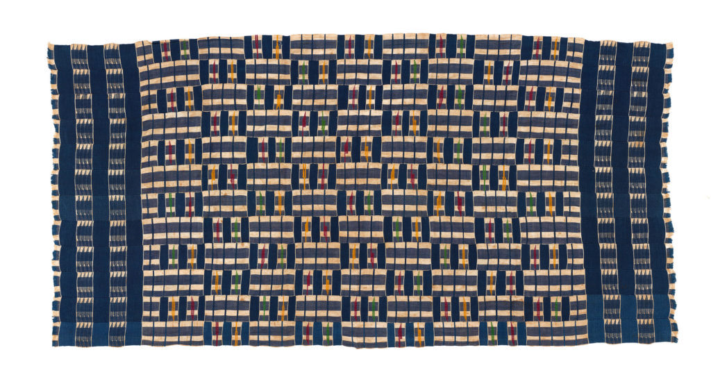 blue, white, red and yellow kente cloth