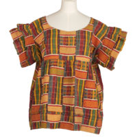 woman's bloused tailored from strips of red, orange, green, yellow and blue kente cloth
