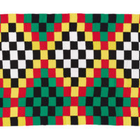 Woven textile featuring squares of black, white, yellow, red and green formed into a repeating diamond design.