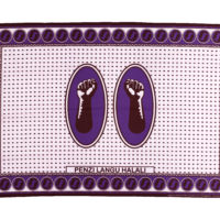 Purple, black and white kanga with an image of two raised fists in the middle, and the slogan 'My love is valid' in Swahili