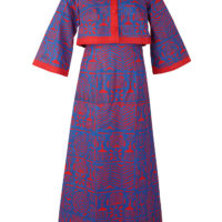 Woman's maxi dress and matching jacket, made from blue and red adire stencilled fabric.