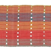 A strip of handwoven aso-oke cloth in stripes of coral, red and purple