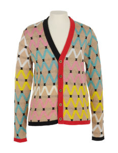 a brightly coloured man's cardigan with zigzag patterns similar to South African beadwork designs