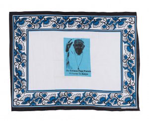 Blue and white kanga with portrait of Pope Francis in the centre