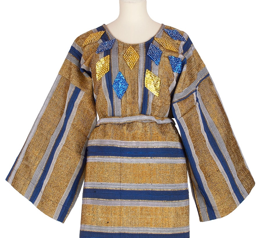 blue and gold striped aso-oke buba with diamond shaped patches of sequins on the yoke