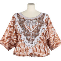 woman's blouse in brown and white tie dye with embroidered yoke