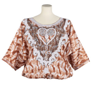 woman's blouse in brown and white tie dye with embroidered yoke