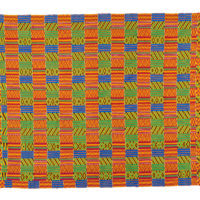 An orange, green and blue woven kente cloth