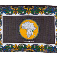 Kanga with a green, yellow and blur floral border, with a map of Africa in the centre in a yellow circle.