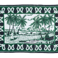 Kanga in dark green, black and white featuring a landscape with palm trees