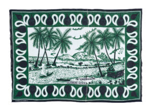 Kanga in dark green, black and white featuring a landscape with palm trees