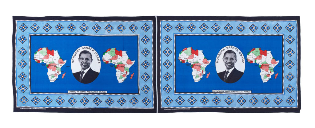 a pair of blue textiles featuring a portrait of Barack Obama