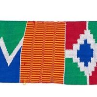 long narrow strip of kente cloth in bright red, yellow, green, blue, and white woven designs