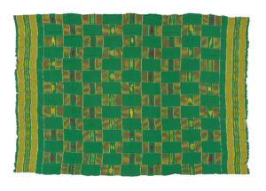 green kente cloth with designs in red and yellow