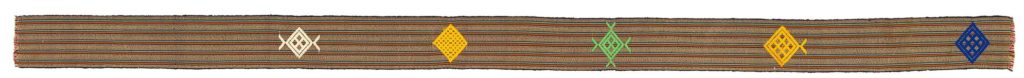 long narrow strip of kente cloth with geometric designs in white, yellow, green and blue