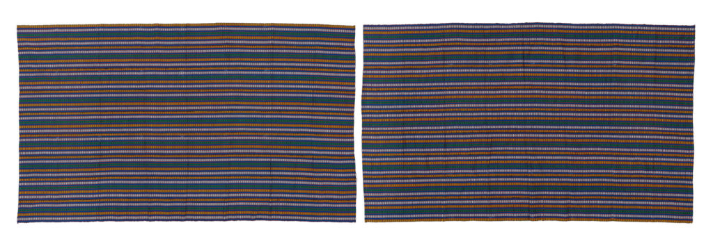 Pair of kente cloths in dark green with alternating white and yellow stripes