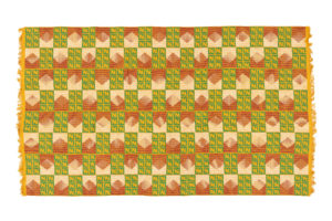 Kente cloth with alternating cream and maroon, and yellow and green shapes