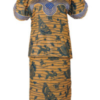 Woman's blouse and skirt outfit in a beige and dark blue wax print design.