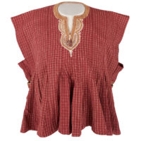 man's batakari shirt in a woven burgundy and cream check fabric