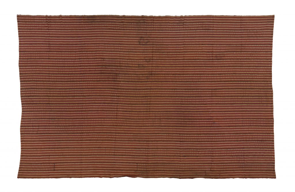 narrow strip woven mans cloth, brown, orange green,‘python skin’ design