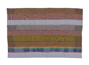 Kente made up of coloured strips representing different designs and techniques.