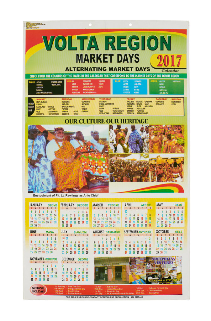Calendar showing market days in the Volta region, with photos of people wearing kente