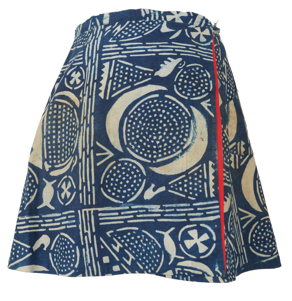 A line mini skirt made of blue and white adire fabric