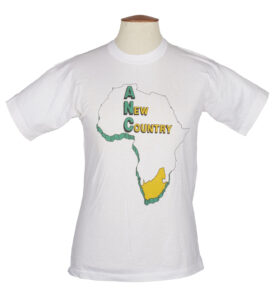 White T shirt with a map of Africa with South Africa highlighted in yellow and the slogan 'A New Country'