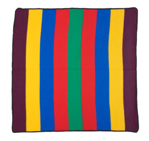 square wool basotho blanket in bold stripes of purple, yellow, blue, red and green.