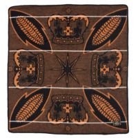 Square brown, black and yellow basotho blanket with a design of corncobs and crowns