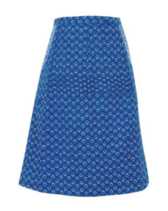 front view of blue and white shweshwe A line wrap skirt