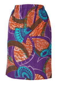 Short elacticated skirt. Purple, orange and turquoise swirled wax print fabric.