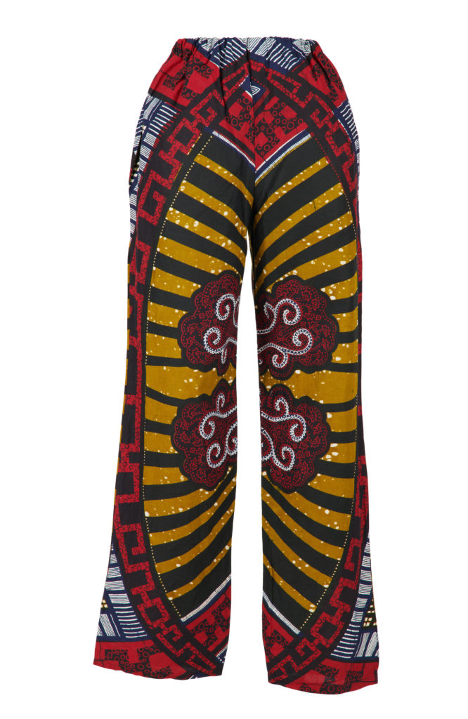 Pair of wax print women's trousers. Olive green and burgundy with a white spiral motif.