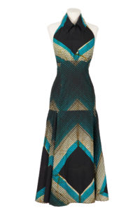 Floor length halterneck dress with full panelled skirt, Dark blue, turquoise and white striped design.