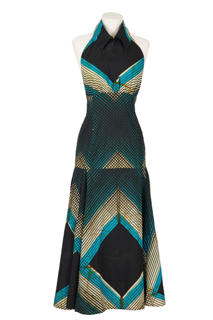 Floor length halterneck dress with full panelled skirt, Dark blue, turquoise and white striped design.