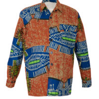 Large man's jacket with collar, pockets and button fastenings in Orange, blue and green wax print.