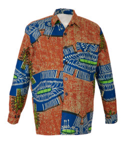 Large man's jacket with collar, pockets and button fastenings in Orange, blue and green wax print.