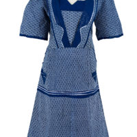 blue and white printed shweshwe dress