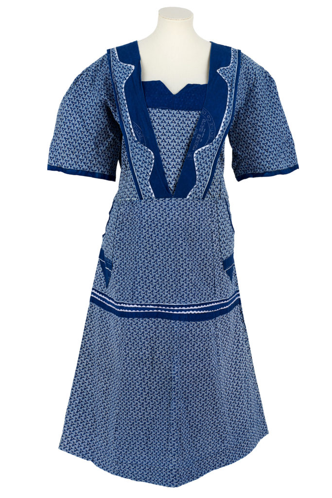 blue and white printed shweshwe dress