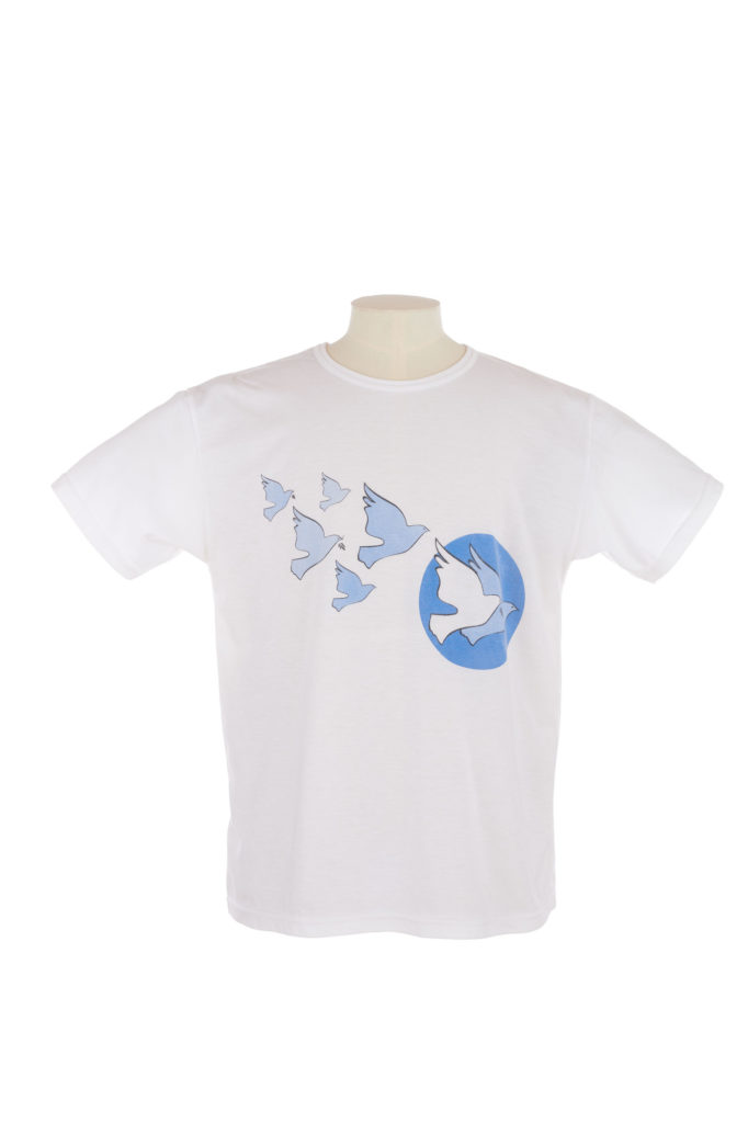 White T shirt blue doves logo on front