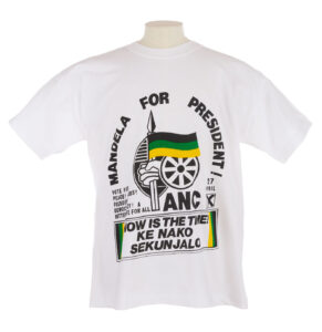 White T shirt with 'Mandela for president' and ANC logo