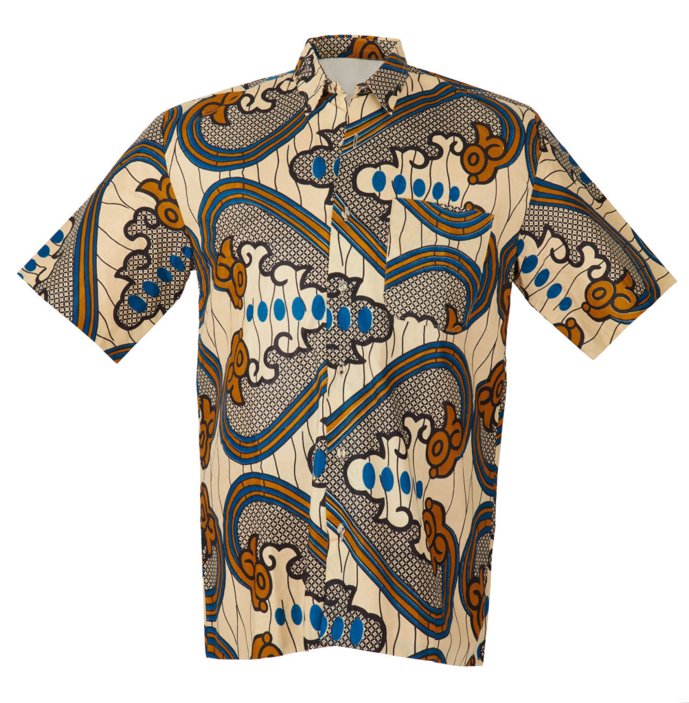 Man's beige, brown and blue wax print shirt