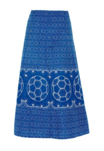 Blue and white shweshwe print skirt with football motif