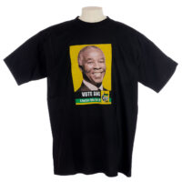 Black T shirt with yellow, green and white image of Thabo Mbeki