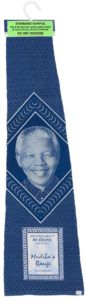 sample of blue and white shweshwe fabric featuring a portrait of Nelson Mandela