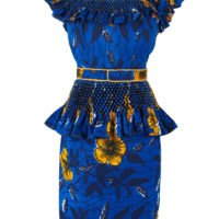 Blue and yellow dress with ruffled shoulders and peplum waist in a floral wax print fabric