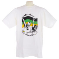 White T shirt with portraits of Nelson and Winnie Mandela, the ANC logo and flag, and text reading 'Mandela, ANC, Higher than Hope, Shuuja wa Africa' in black, green and yellow.